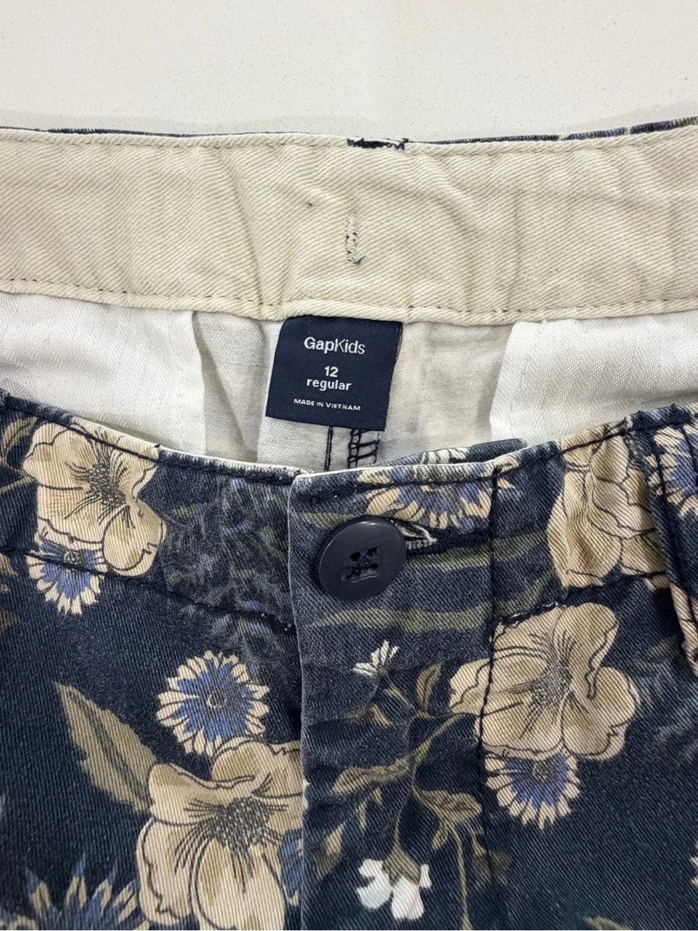 GAP Kids Boys Floral Chino Shorts Navy Blue Cream Size 12 Adjustable Waist